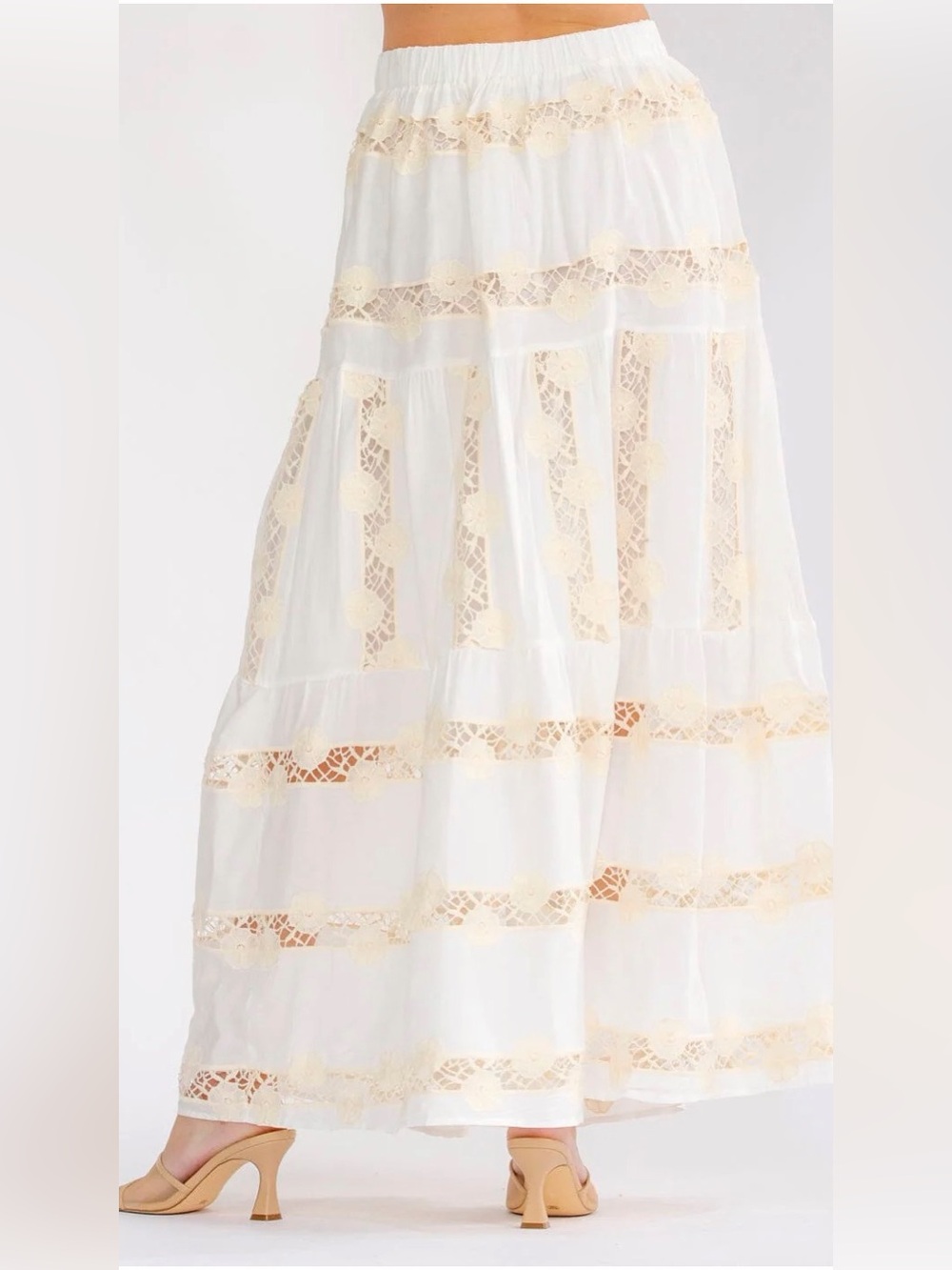 A470. Boho Lace-Trim White Maxi Skirt - Picture 3 of 4